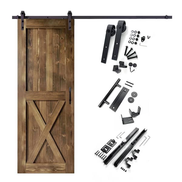 HOMACER 34 in. x 84 in. X-Frame Walnut Solid Pine Wood Interior Sliding Barn Door with Hardware Kit, Non-Bypass