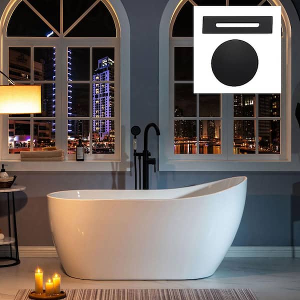 WOODBRIDGE NULOOK 59 in. Acrylic FlatBottom Single Slipper Bathtub with Matte Black Overflow and Drain Included in White
