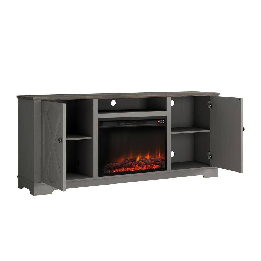 Gray Farmhouse TV Stand with Fireplace and Storage Cabinets