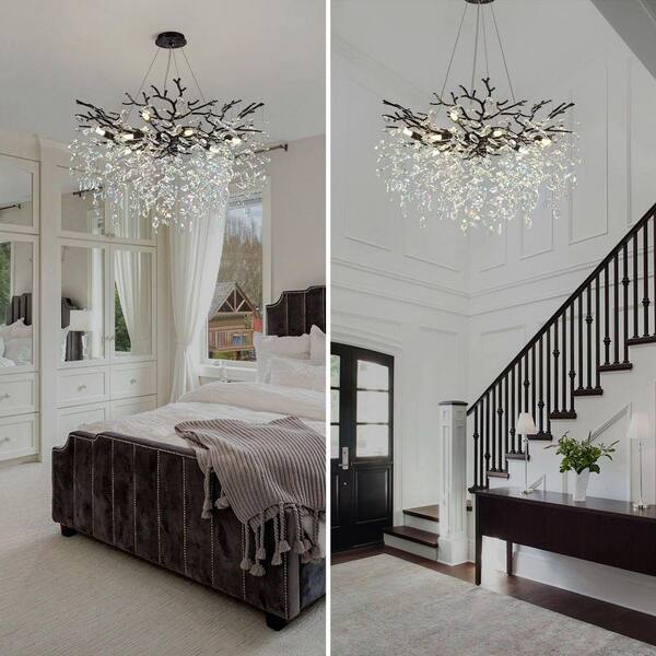 PUYRNF 30 in. 10-Light Black Tree Branch Chandelier, K9 Crystal