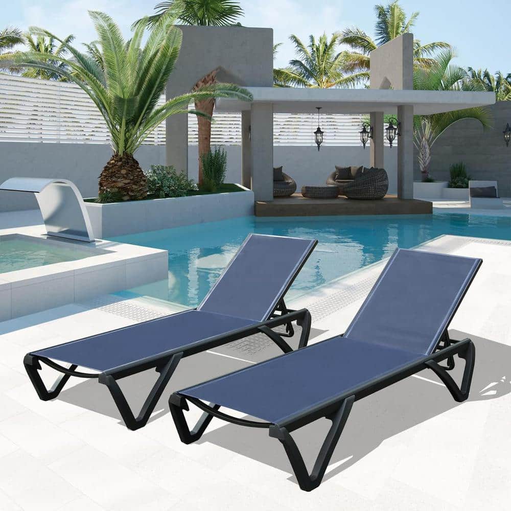 Outdoor Lounge Chair, 2-Pieces Aluminum Plastic Patio Chaise Lounge with 5-