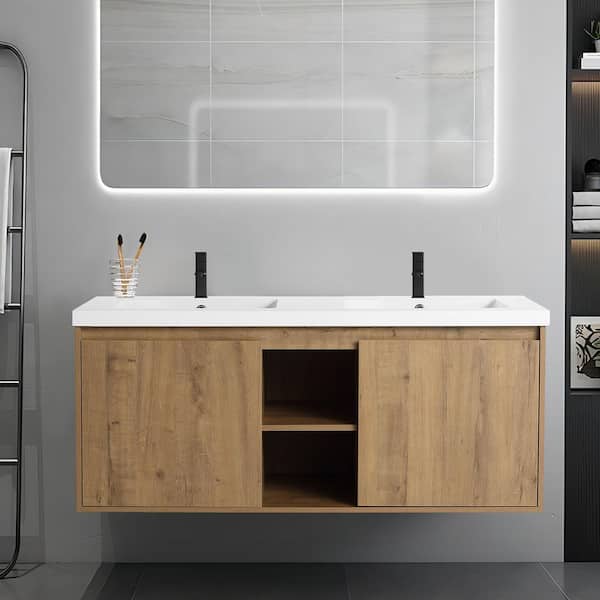 Modern 47.6 in. W x 18.3 in. D Double Sinks Floating Imitative Oak Bath Vanity with White Resin Top Unassembled