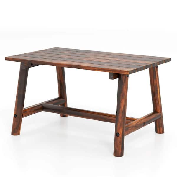 Costway Brown Wood Outdoor Coffee Table with Slatted Tabletop Rectangle Side Table for Garden