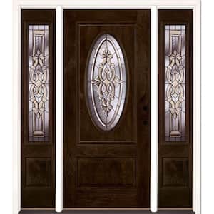 59.5 in.x81.625in.Silverdale Patina 3/4 Oval Lt Stained Chestnut Mahogany Lt-Hd Fiberglass Prehung Front Door w Sidelite