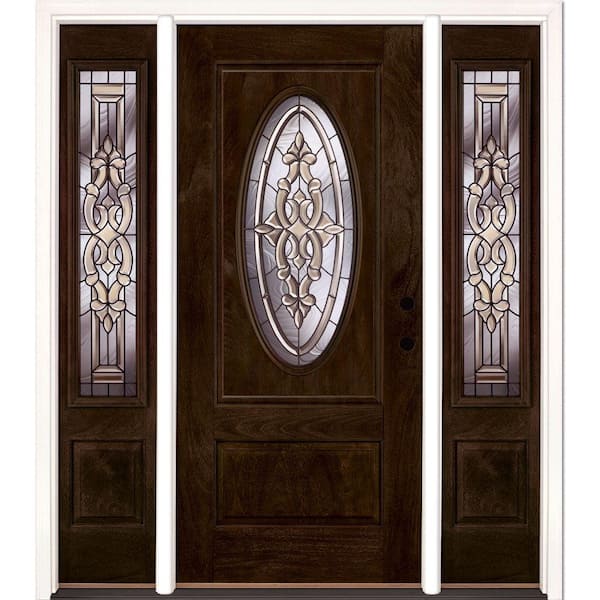 Feather River Doors 59.5 in.x81.625in.Silverdale Patina 3/4 Oval Lt Stained Chestnut Mahogany Lt-Hd Fiberglass Prehung Front Door w Sidelite