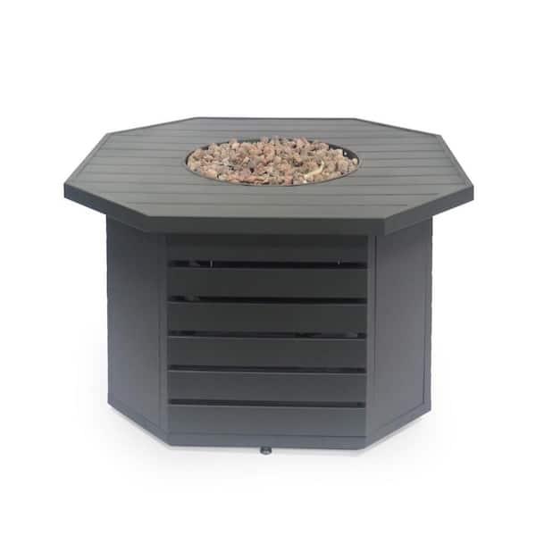 Noble House Rene 45 in. W x 24 in. H Outdoor Patio Iron Gas Burning Matte Black Octagonal Fire Pit