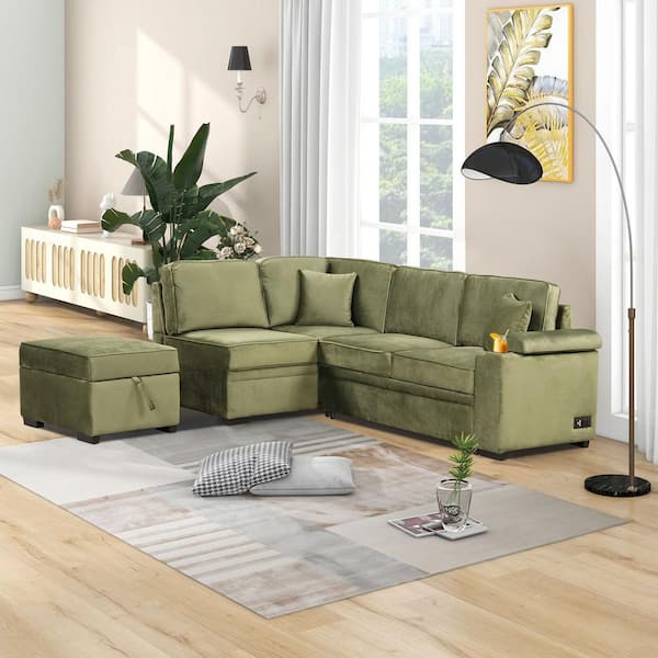 Joe 84.75 in. Velvet Upholstery L-Shaped Sectional Sofa in. Green with Storage Ottoman, Pull Out Sofa Bed