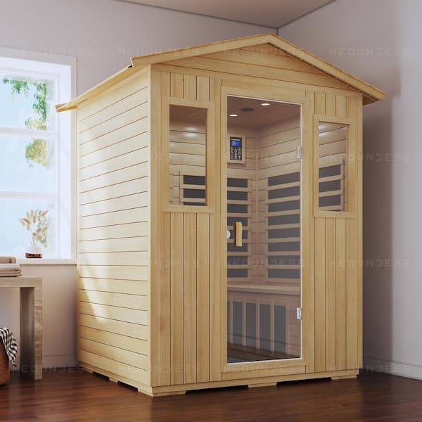 MEDUNJESS 4-Person Old-Fir Outdoor Infrared Sauna with 8-Carbon Far Infrared Heaters and Waterproof Outside