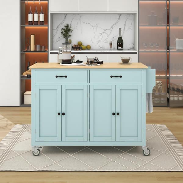 Polibi 54.3 in. W Green Solid Wood Top Kitchen Cart with Locking Wheels, 4-Door Cabinet and 2-Drawers