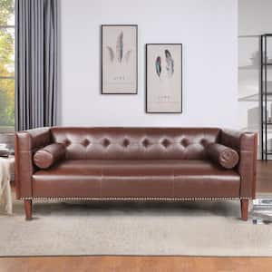 Wooden Decorated 76.5 in. W Square Arm Faux Leather Straight Tuxedo Sofa in Dark Brown With 2-Pillows