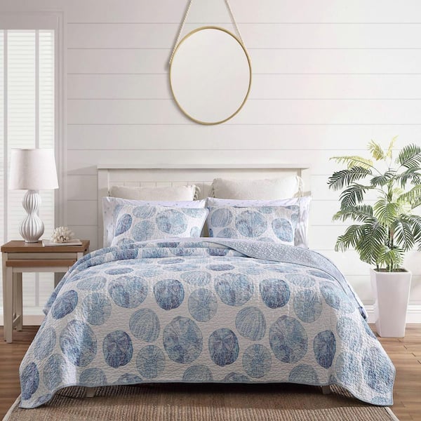 Tommy Bahama Palmday 3-Piece Blue Cotton Full/Queen Quilt Set