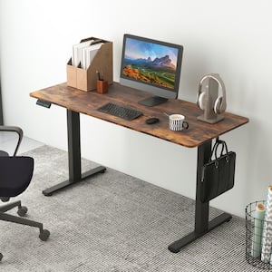 55 in. Rectangular Brown Wood Electric Standing Desk with 3 Height Settings and 2-Hooks