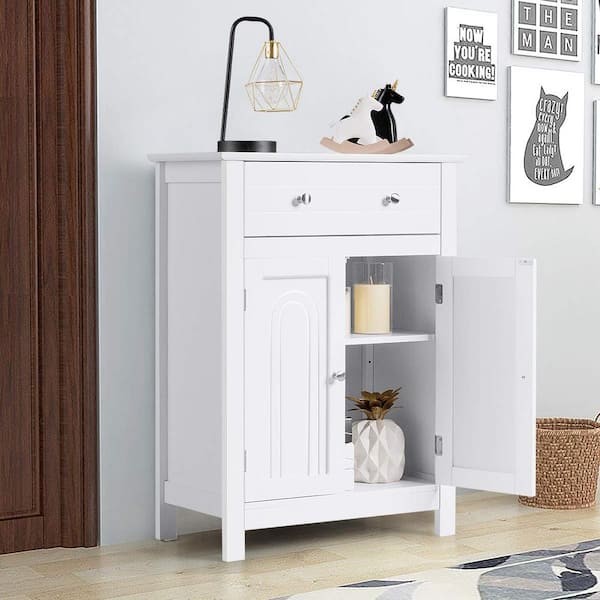 Bunpeony 23.5 in. W x 12 in. D x 31.5 in. H Double Door Bathroom Linen Cabinet Floor Storage Cabinet in White with Large Drawer