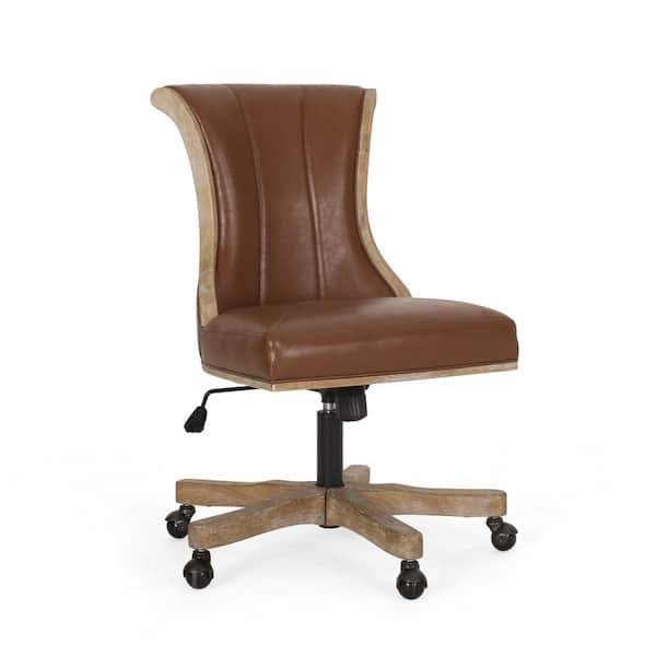 Noble House Ashlyn Cognac Brown and Natural Roll Back Swivel Office Chair