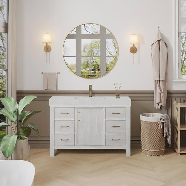 ROSWELL Leon 48 in. W x 22 in. D x 34 in. H Single Bath Vanity in Washed White with White Composite Stone Top and Mirror
