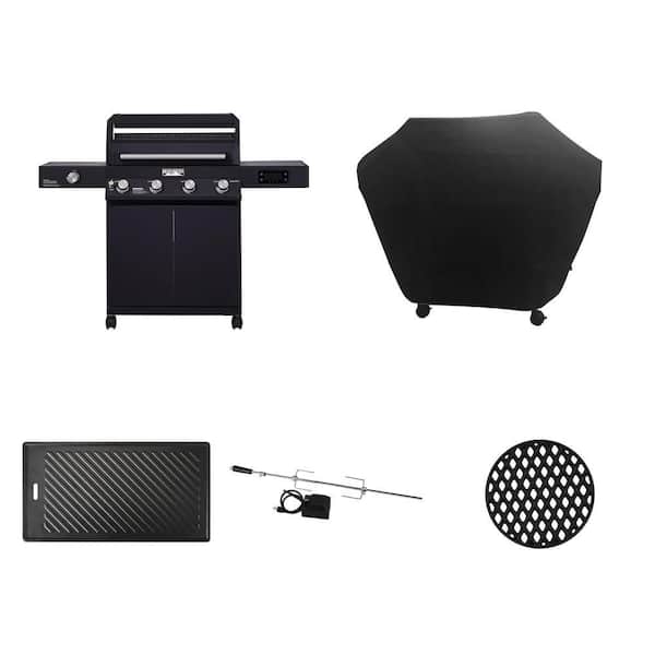 Denali 4-Burner Gas Grill with Clearview Lid, 62 in. Cover, Cast Iron Plate, Rotisserie Kit and Cooking Grid Combo
