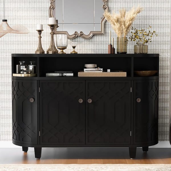 Black MDF 48 in. W Curved Sideboard with Four Doors and Adjustable Shelves