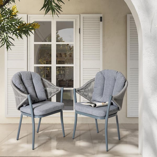Nuu Garden Stationary Aluminum and Woven Rope Outdoor Arm Dining Chair with Removable Grey Cushions (2-Pack)