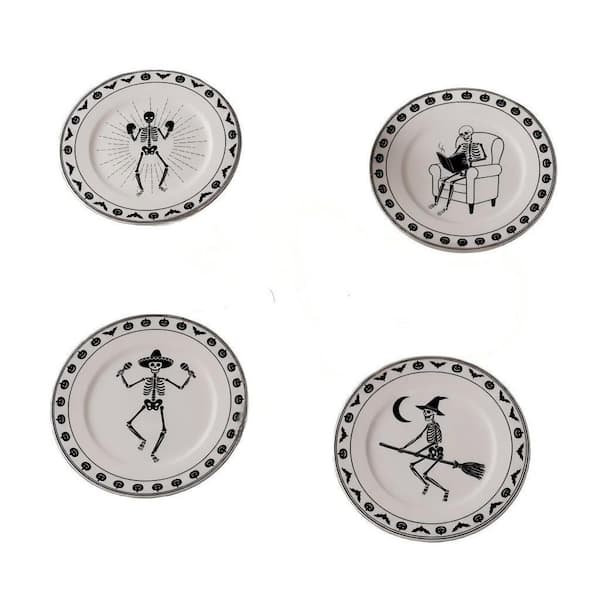 Set of 4 Halloween Skeleton Ceramic Plates, 9 in. Dessert Salad Plates with Assorted Funny Skeleton Designs