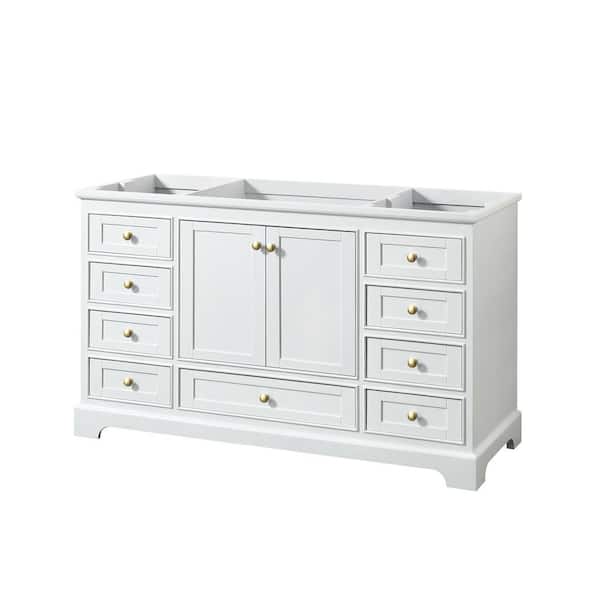 Wyndham Collection Deborah 59.25 in. W x 21.5 in. D x 34.25 in. H Bath Vanity Cabinet without Top in White with Brushed Gold Trim