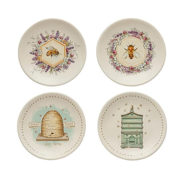 Storied Home White Bee Hive Design Stoneware Plate (Set of 4)
