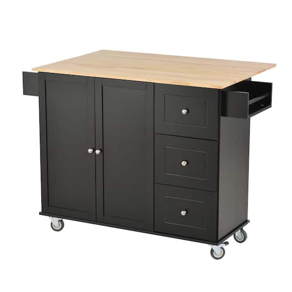 Whatseaso Black Kitchen Island with Solid Wood Top and Locking Wheels ...