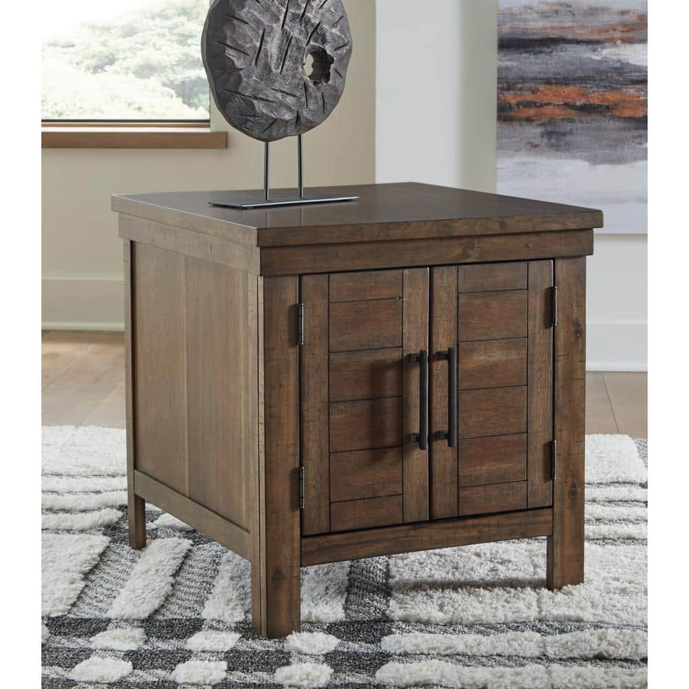 Rustic Brown Wood End Table with Storage Cabinet