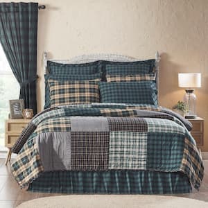 Pine Grove Green Black Tan Rustic Plaid Queen Cotton Quilt