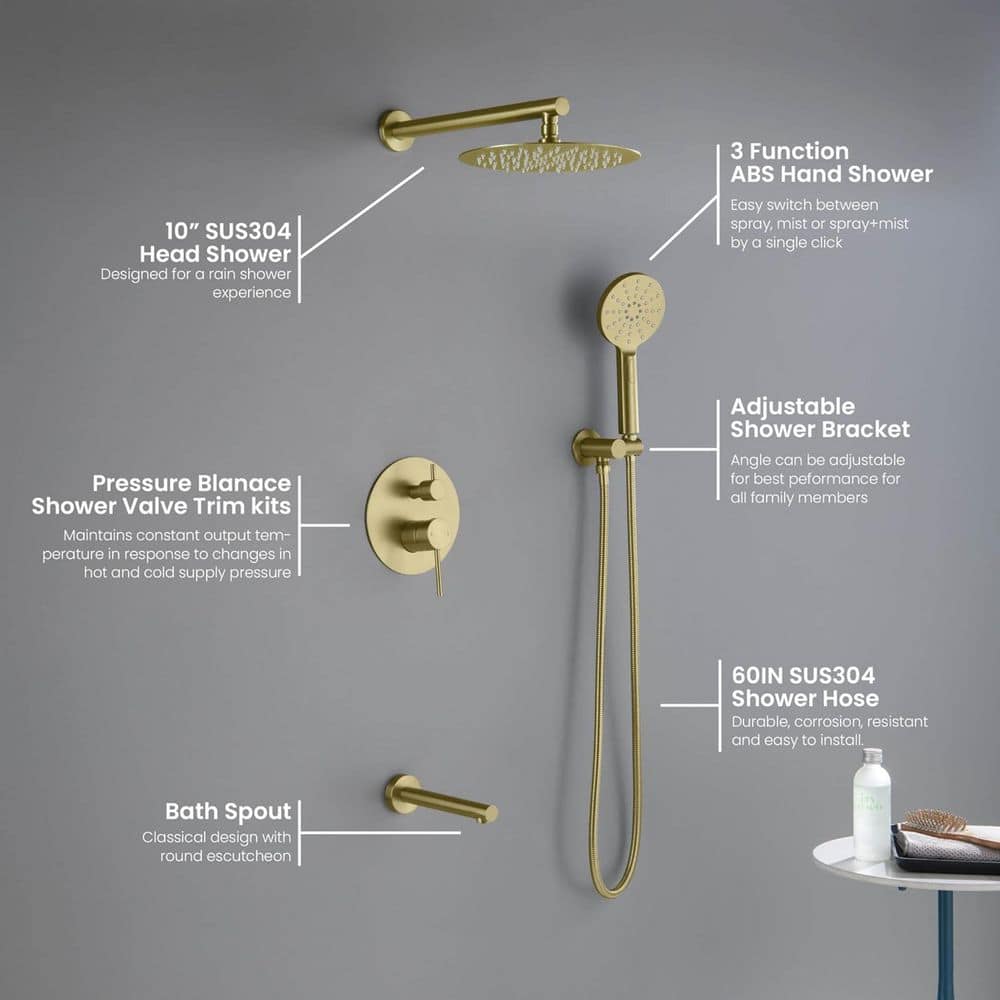 Brushed Gold Circular 3-Function Shower System with Brass Valve