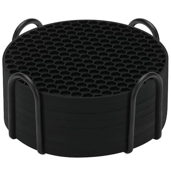 8 Pack 3.9 in. Black Silicone Coasters with Holder for Drinks Beer Coffee, Anti-SLI, Non-Stick, Anti-Overflow