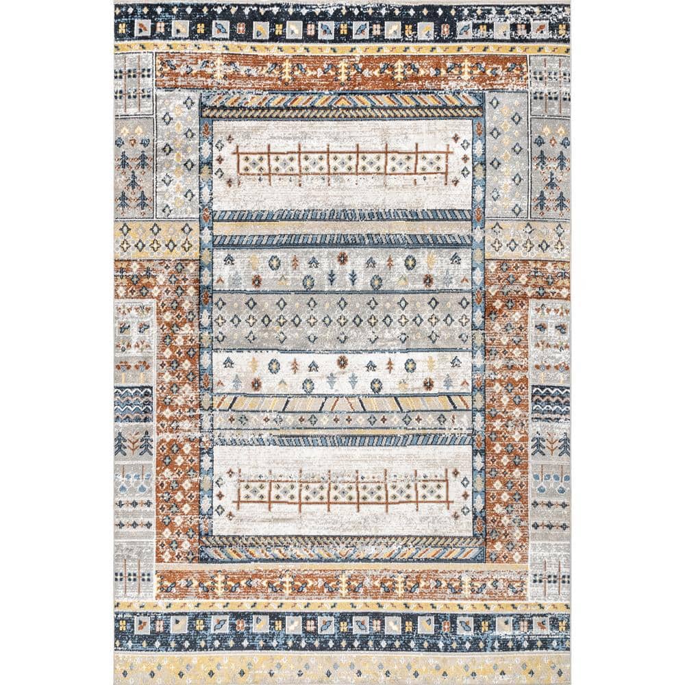 Shannon Beige and Multicolor Geometric Washable Area Rug 5' x 7'