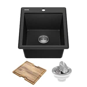 Bellucci Metallic Black Granite Composite 18 in. 1-Hole Drop-in Workstation Bar Sink with Accessories