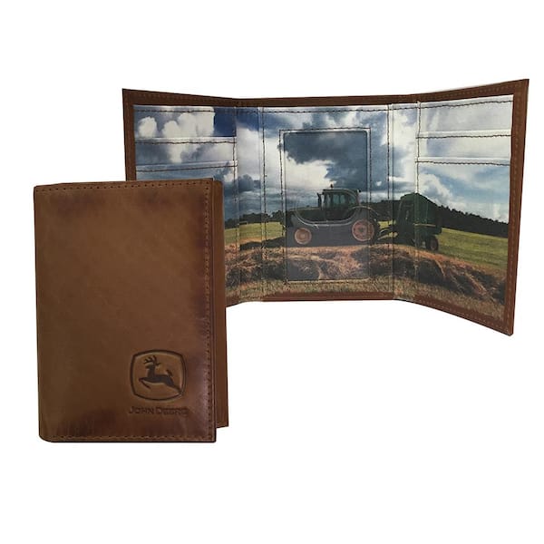 JOHN DEERE 3-Fold Genuine Leather/Buff Burnished Tan/JD Emboss/Interior with JD Tractor Scene