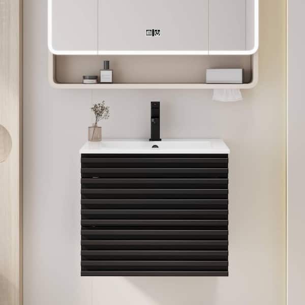 24 in. W x 18.3 in. D x 19.7 in. H Floating 1-Sink Bath Vanity in Black with White Ceramic Top and Drain Faucet Set