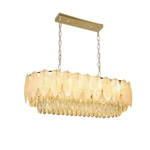 31.5 in. 10-Light Modern Rectangular Chandelier, Luxury Gold Crystal Pendant Light for Dining Room, Bulbs Included