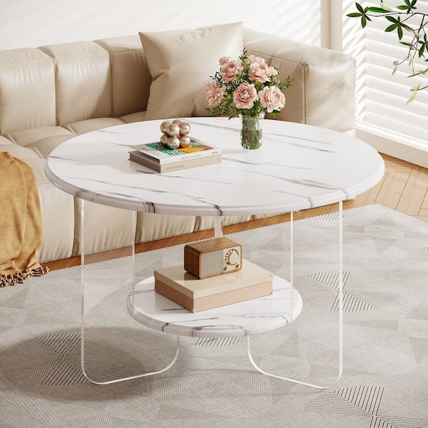 TRIBESIGNS WAY TO ORIGIN Inaayah 31.5 in. White Round MDF Coffee Table with Faux Marble Top and Acrylic Legs, 2-Tier Center Table with Storage