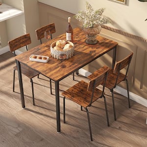 5 Piece Industrial Dining Table Set w/ Ergonomic Curved Seat and backrest, Small Space Kitchen Table Set