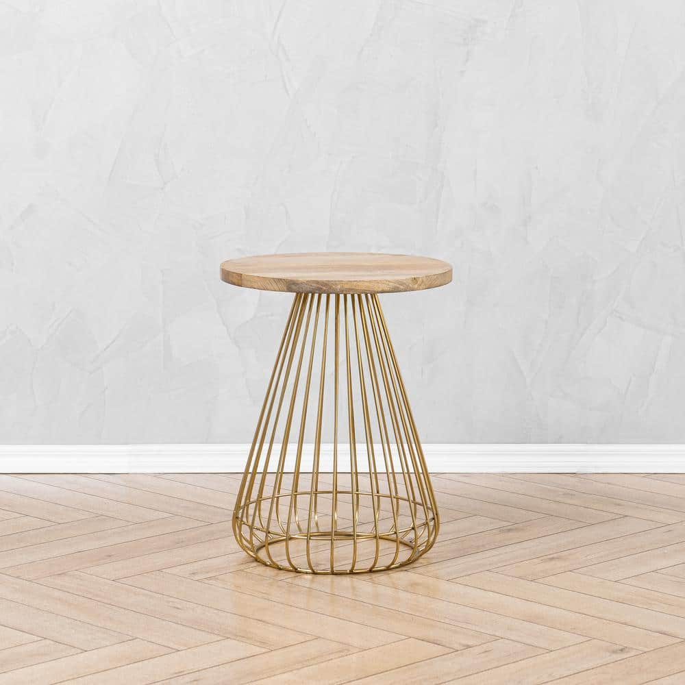 Opulent Round 20" Gold and Natural Wood Side Table
