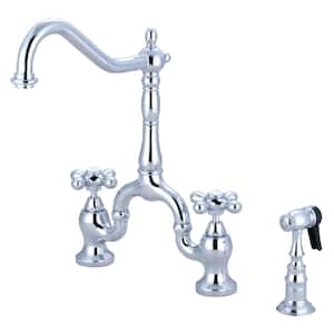 English Country Double Handle Deck Mount Gooseneck Bridge Kitchen Faucet with Brass Sprayer in Polished Chrome