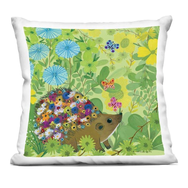 Stupell Industries Happy Hedgehog and Flowers Green Abstract Polyester 18 in. x 18 in. Throw Pillow
