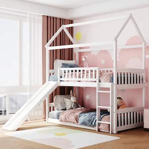 White Twin Over Twin Wood House Bunk Bed with Slide and Ladder