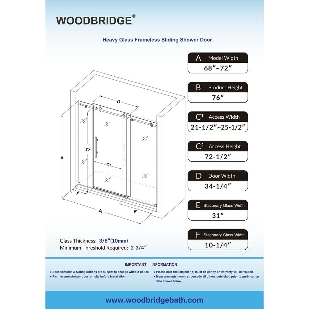 72" Matte Black Frameless Sliding Shower Door with Clear Tempered Glass