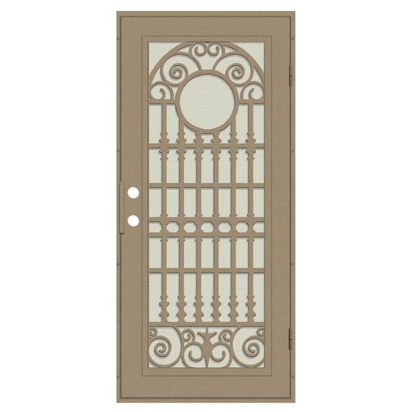 Unique Home Designs Spaniard 30 in. x 80 in. Left Hand/Outswing Desert Sand Aluminum Security Door with Beige Perforated Metal Screen