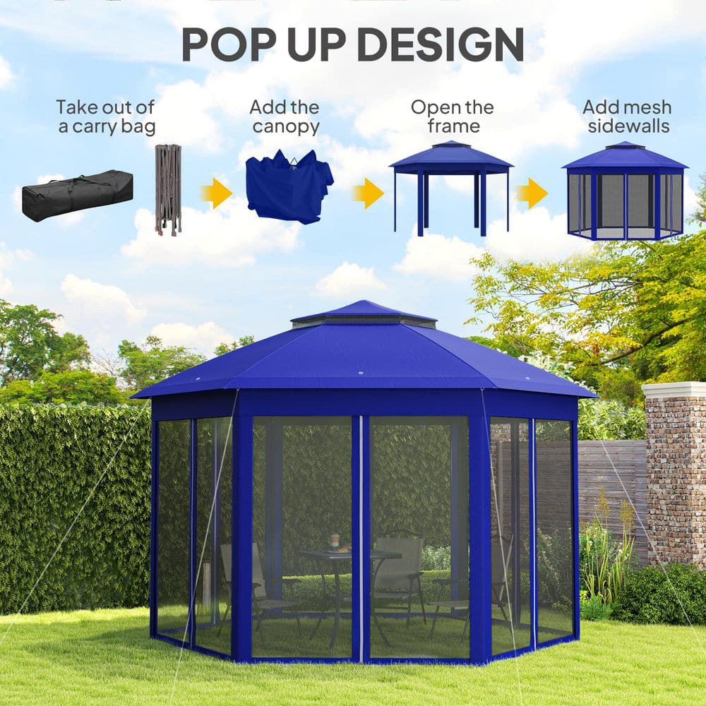 Dark Blue Steel Frame Hexagonal Pop-Up Gazebo with Mesh Netting