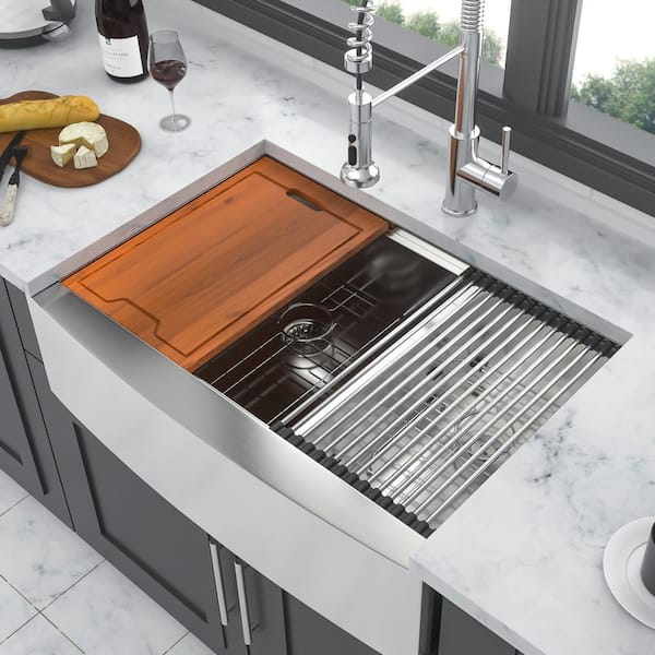 33 in. Farmhouse/Apron-Front Double Bowl (60/40) 16 Gauge Brushed Nickel Stainless Steel Kitchen Sink with Workstation