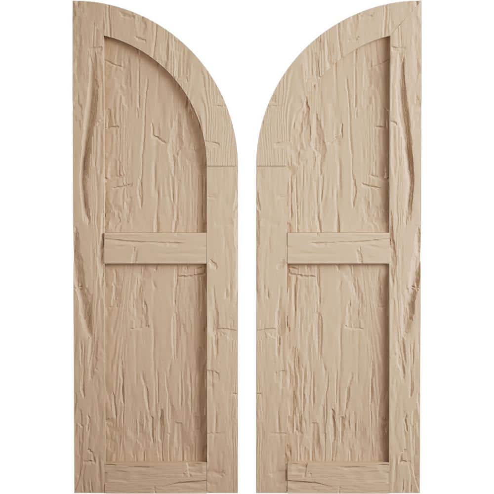 Faux Wood 18 in. x 52 in. 2 Equal Flat Panel with Quarter Round Arch Top Polyurethane Shutters Primed Tan in Hand Hewn price history on PriceWatchPro
