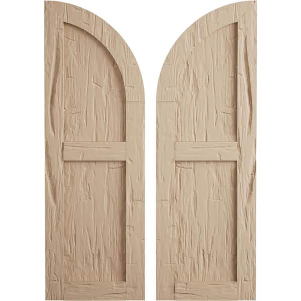 Ekena Millwork 18 in. x 74 in. Polyurethane Hand Hewn Two Equal Flat Panel with Quarter Round Arch Top Faux Wood Shutters Primed Tan