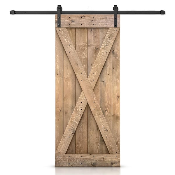 CALHOME 30 in. x 84 in. X Light Brown Stained DIY Wood Interior Sliding Barn Door with Hardware Kit