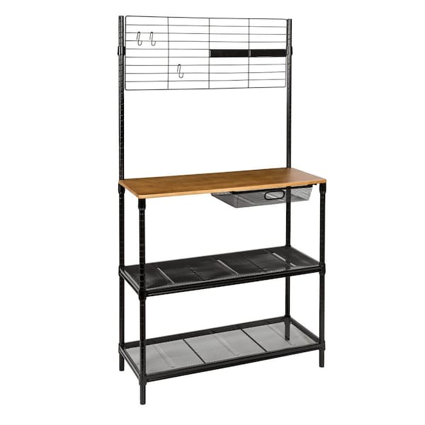 Honey-Can-Do Black Matte Steel Bakers Rack with Bamboo Top
