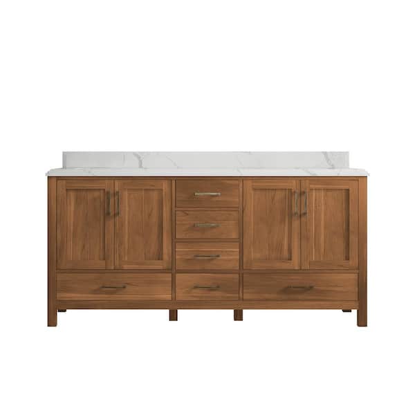 Willow Collections Malibu Teak 72 in. W x 22 in. D x 36 in. H Double Sink Bath Vanity in Gold Teak with 1.5" Calacatta Quartz Top